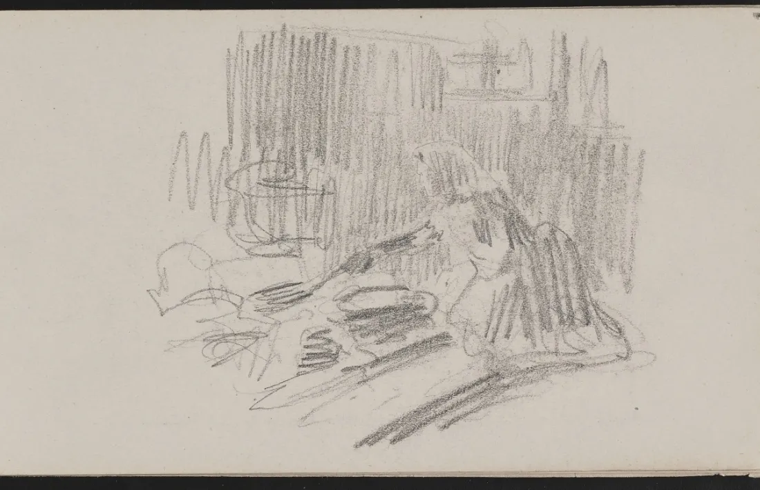 Tres de les pàgines del quadern de viatge de Henry Bacon (1839-1912), de qui el Thyssen exposa ‘Platja d’Étretat’ i una dotzena dels esbossos andorrans. El pintor nord-americà es va interessar per les escenes quotidianes i pels paisans amb qui es relaciona, i en va deixar un ampli inventari al mig centenar de pàgines de la llibreta. 
