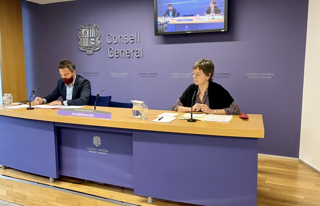 Pere López i Susanna Vela durant la compareixença d’avui al Consell General.