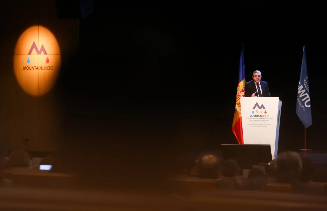 El secretari general de l'Organització Mundial del Turisme, Zurab Pololikashvili, durant el seu discurs de presentació.