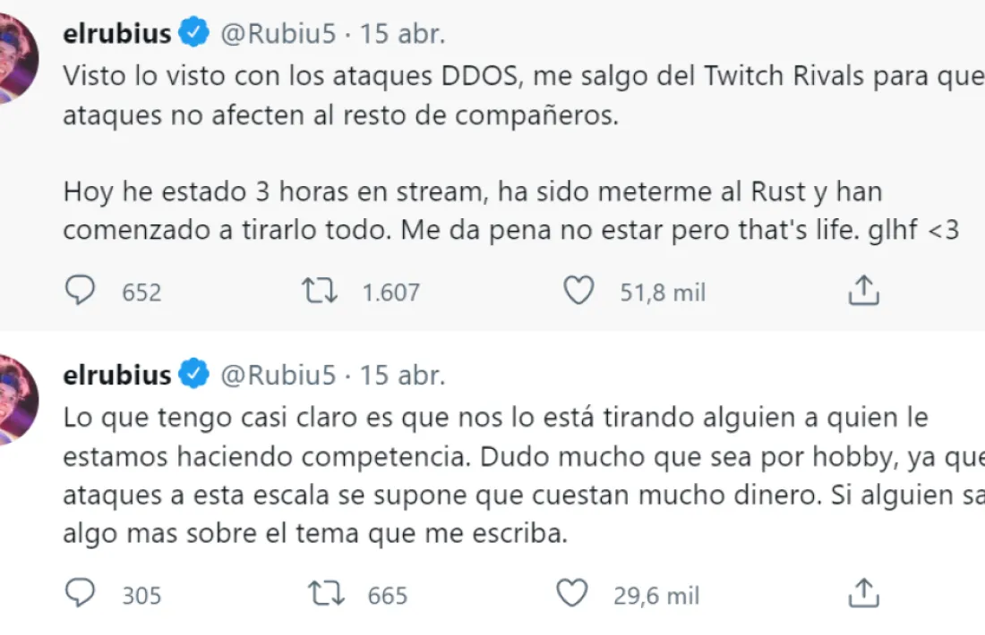 Les piulades que va penjar el passat divendres sobre els atacs que el van obligar a abandonar la partida del Rust i l'emissió per Twitch Rivals.
