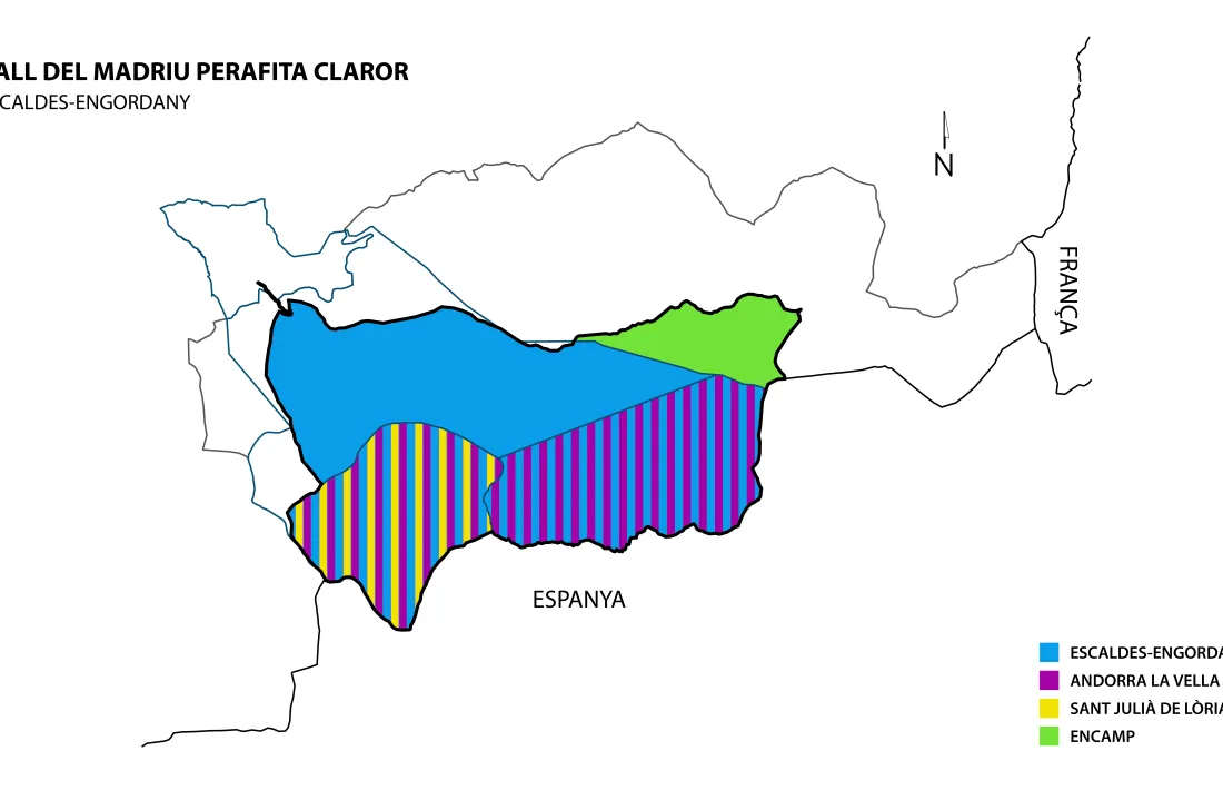 En blau, la zona d’administració única d’Escaldes. Les parts ratllades són les bipartides i tripartides, mentre que la de color verd és d’administració única d’Encamp.