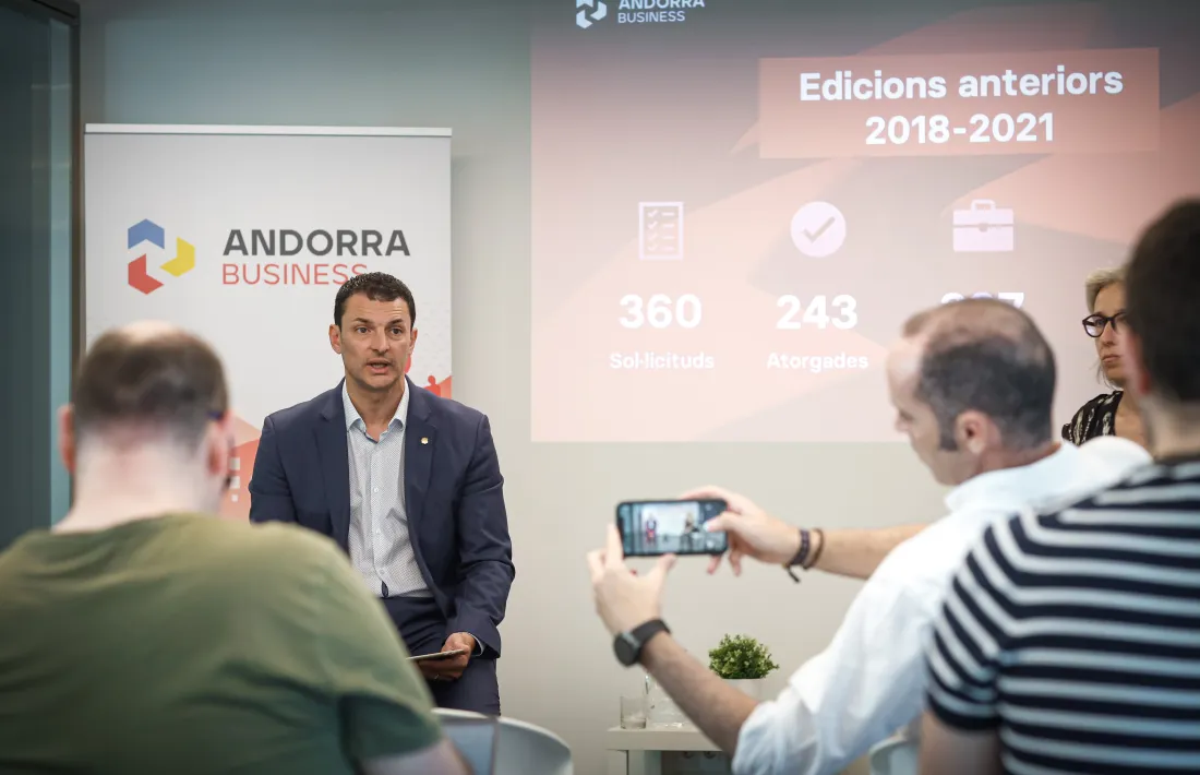 El ministre Jordi Gallardo, durant la presentació del programa de subvencions d’Andorra Business, avui.