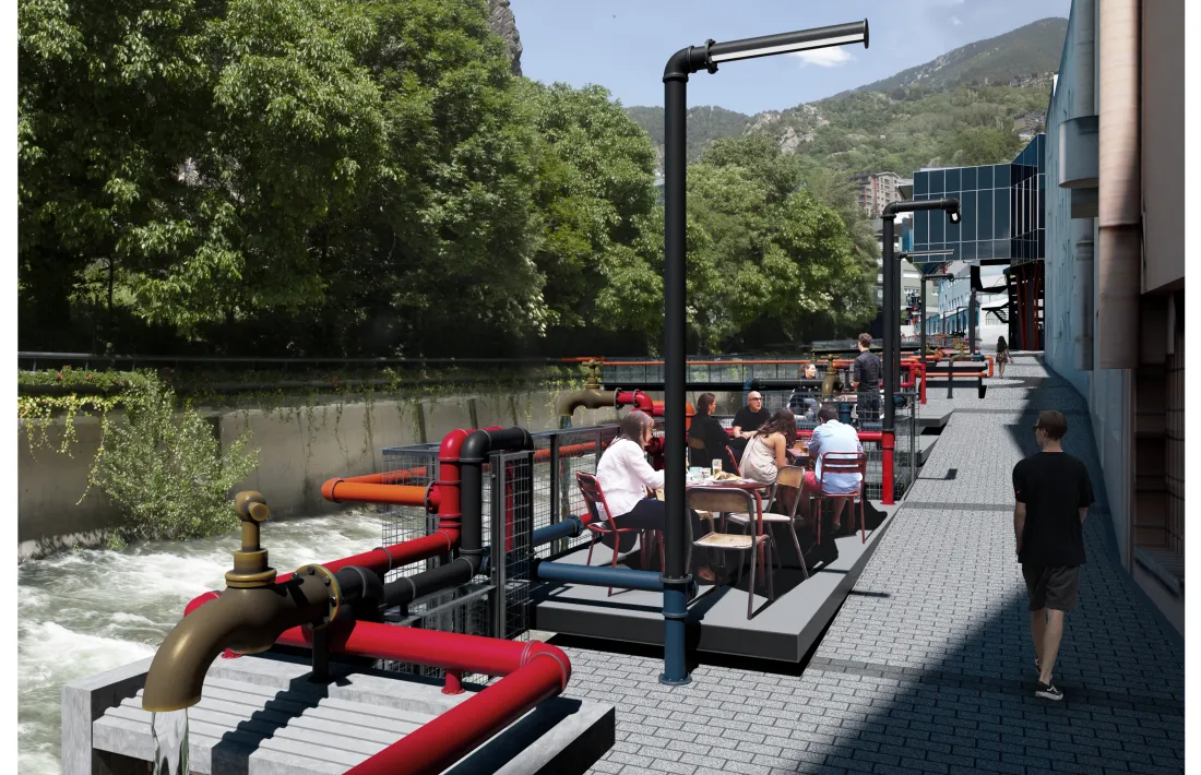 El passeig del riu, des del pont d’Engordany. Al llarg del tram es distribuiran una vintena d’aixetes gegants de bronze.