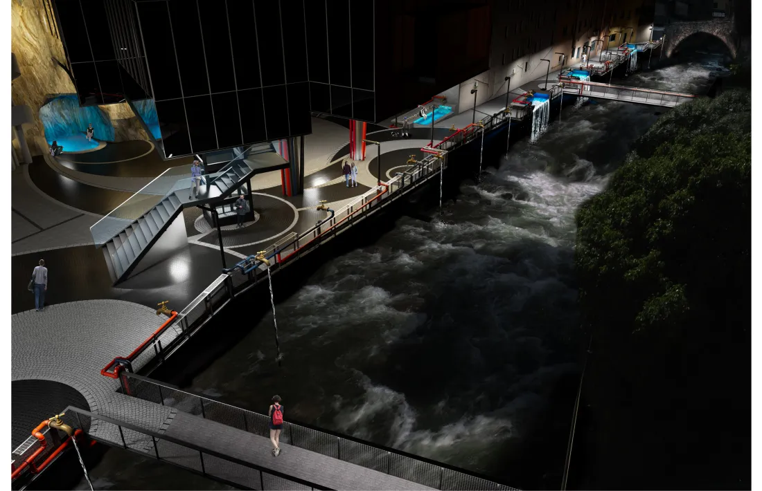 La plaça dels safarejos completament anivellada, amb l’antic CIAM i sense la passarel·la i, al darrere, la font del Roc del Metge.