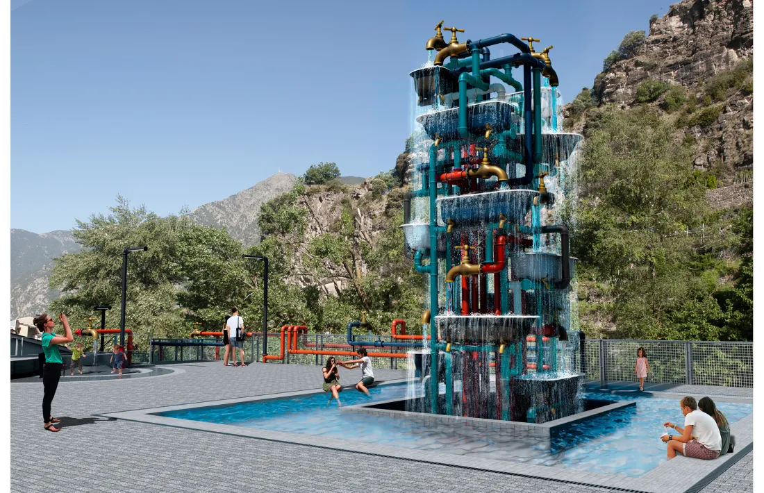 La placeta del Madriu, amb l'escultura-font. Farà set metres d'altura i pesarà 6 tones.