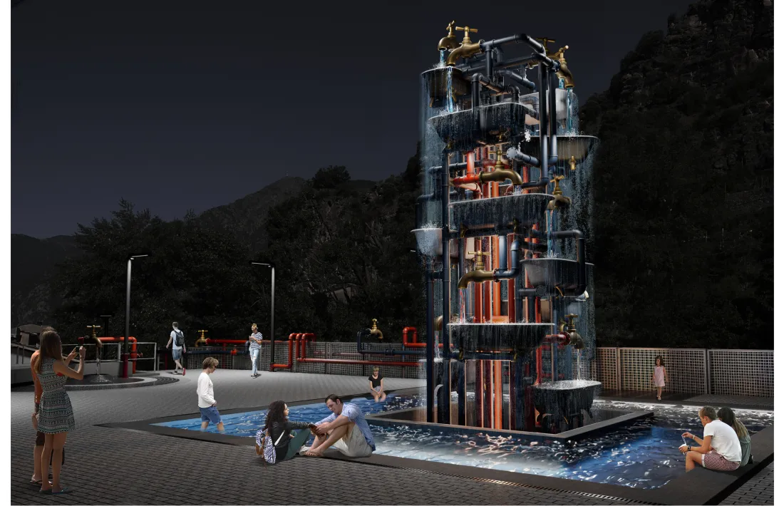 La placeta del Madriu, amb l'escultura-font. Farà set metres d'altura i pesarà 60 tones.