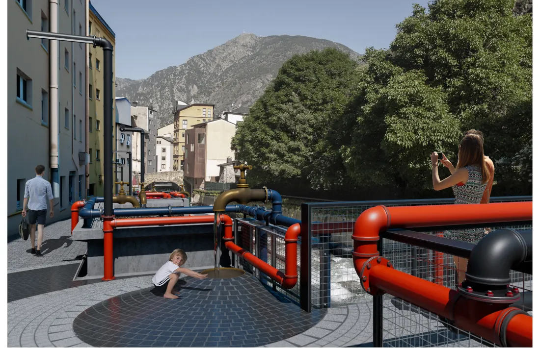 Hi haurà vint aixetes gegants de bronze que rajaran aigua captada per gravetat 400 metres riu amunt.