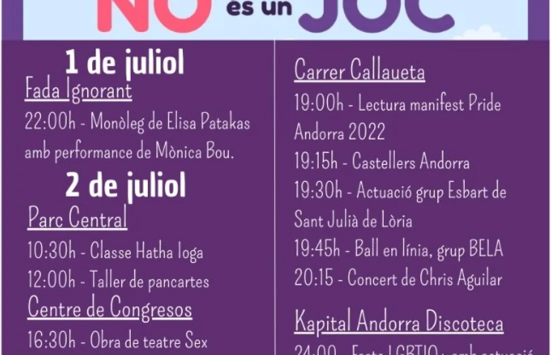 El programa de la celerbració del dia de l'orgull a Andorra.