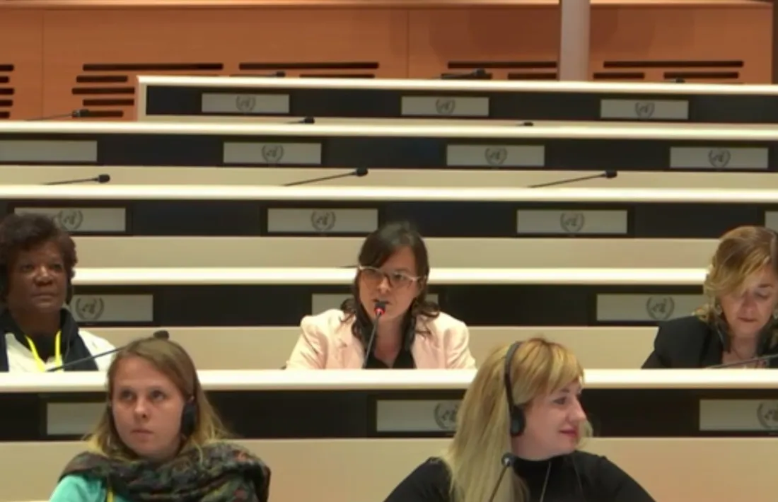 La presidenta d’Stop Violències, Vanessa Mendoza Cortés,en la intervenció davant de la Cedaw al 2019.