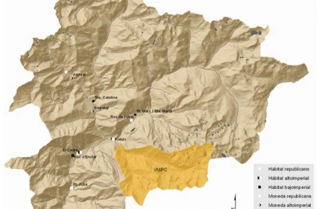 Mapa dels jaciments romans a Andorra.
