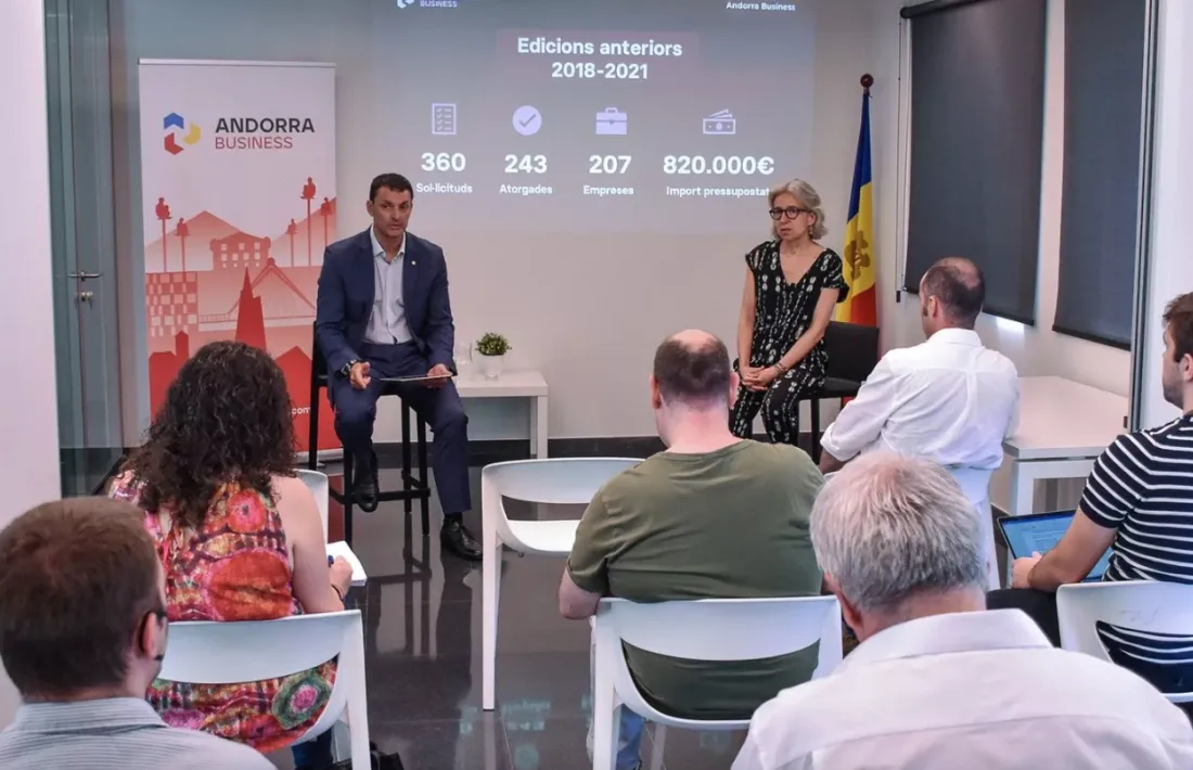 El president i la directora d'Andorra Business, Jordi Gallardo i Judith Hidalgo, durant la presentació del programa de subvencions 2022.