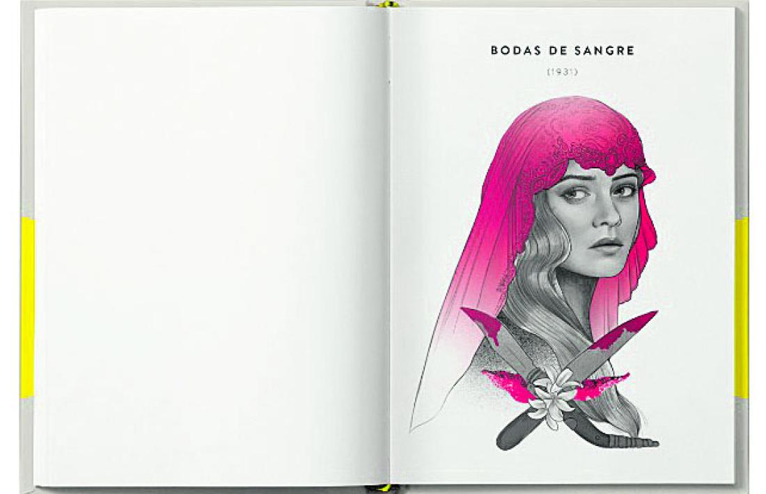 Portadeta interior amb il·lustració de Javi Cohen i primera pàgina del segon acte de ‘Bodas de sangre’, amb la cuidadíssima edició: el text dels protagonistes, en negre; les acotacions, en vermell. A ‘Yerma’ són groges, i ‘La casa...’, morades.
