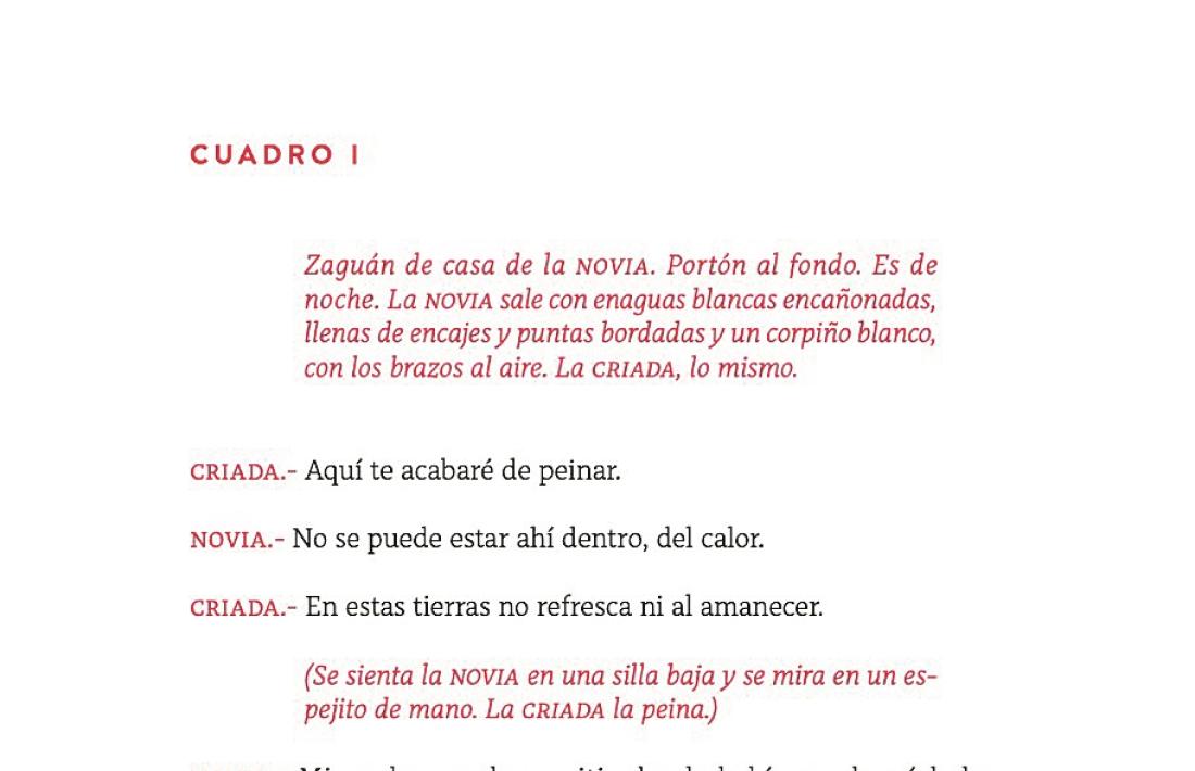 Portadeta interior amb il·lustració de Javi Cohen i primera pàgina del segon acte de ‘Bodas de sangre’, amb la cuidadíssima edició: el text dels protagonistes, en negre; les acotacions, en vermell. A ‘Yerma’ són groges, i ‘La casa...’, morades.