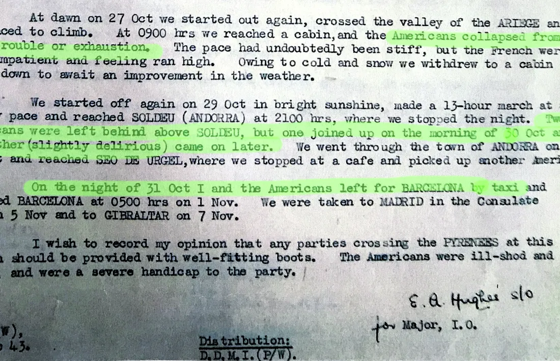 Fragment de l’informe Long on es refereix als dos americans que havien deixat enrere i que el 30 d’octubre del 1943 arriben a Soldeu.