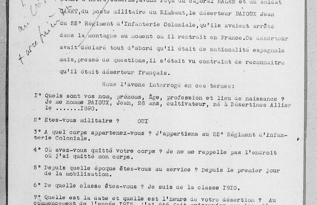 Declaració on el desertor Paioux relata el seu periple entre principis del 1915 i novembre del 1918.