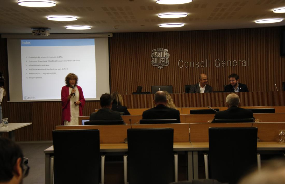La directora de l’AREB, Sílvia Cunill, durant la compareixença davant la comissió legislativa de Finances i Pressupost.