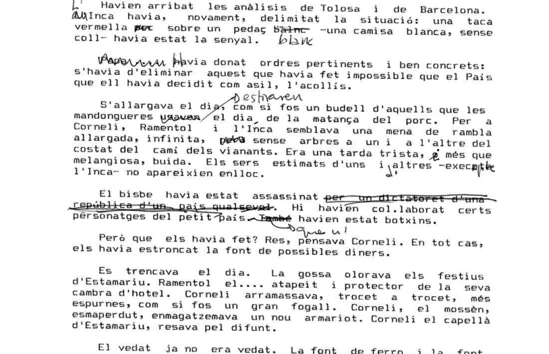 Últim capítol de 'Mort, qui t'ha mort?', amb anotacions manuscrites de l'autor.