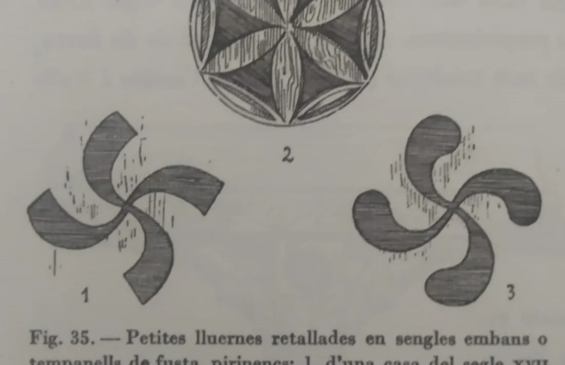 Lluernes en forma de rosa sexifòlia (Tavascan) i esvàstica, a Espot i Durro ('Art popular decortaiu').
