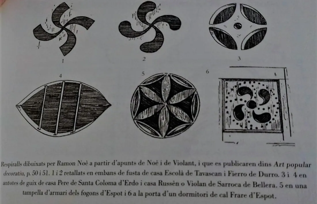 Esvàstiques a Tavascan (1), Durro (2) i Espot (6), i rosa sexifòlia a Espot (5), d''Art popular decoratiu'.