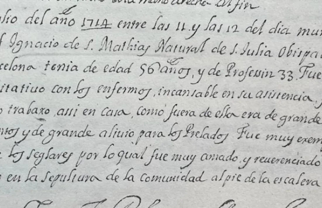 L’entrada del llibre d’òbits del convent de Sant Josep de Mataró amb la defunció del religiós lauredià, el 21 de juliol del 1714.