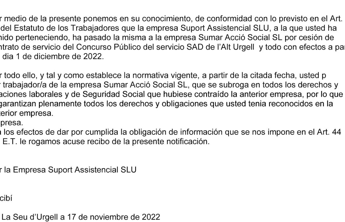 Reproducció de la carta rebuda per la treballadora de l’empresa que deixa la contracta. A partir d’aquí, en els llimbs. 