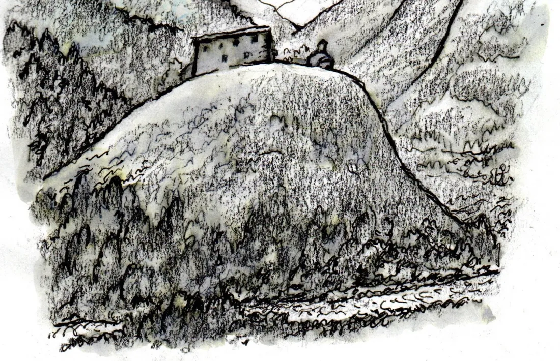 Cal Carlemany, o cal Bringuer, o cal Pui d’Olivesa, on s’allotjava l’emperador. Al costat, la capella de Sant Mateu.