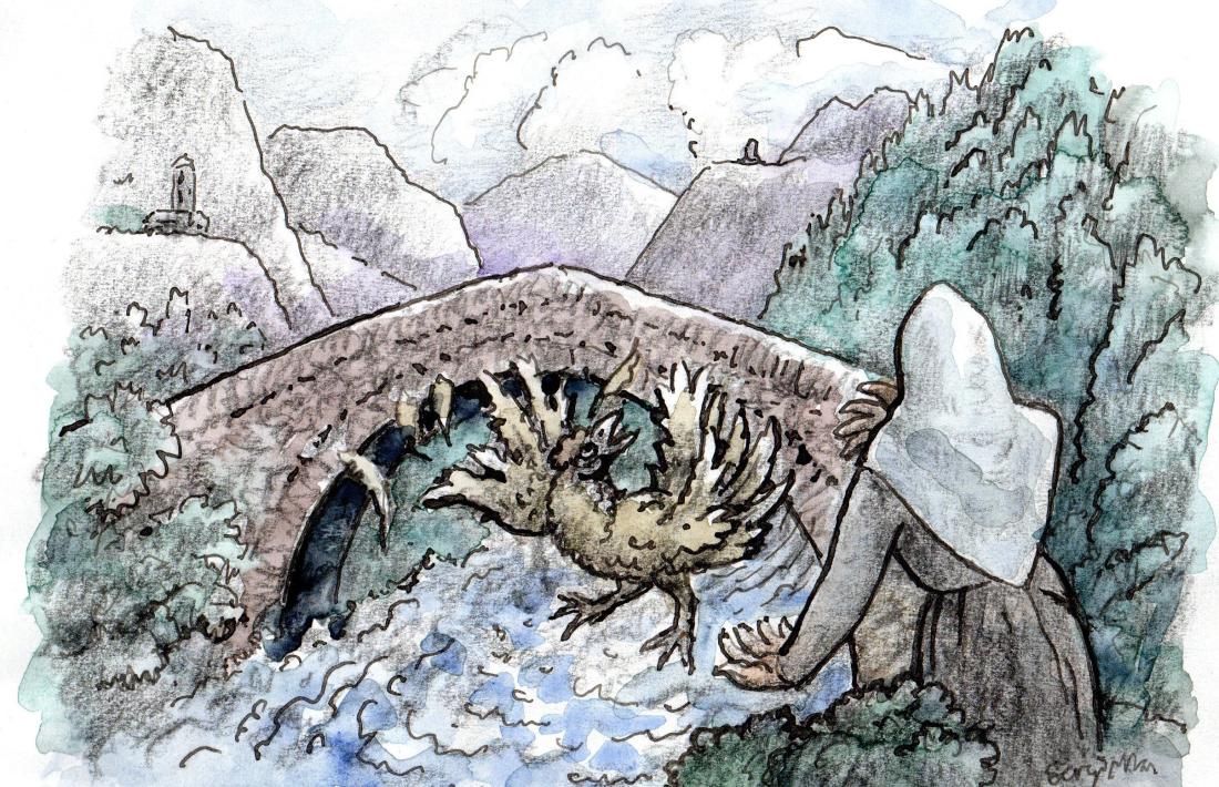 Judici salomònic de les dones de Fontaneda i la gallina, amb el pont d’Aixovall com a testimoni. El pont se’l va endur l’aiguat del 1982.