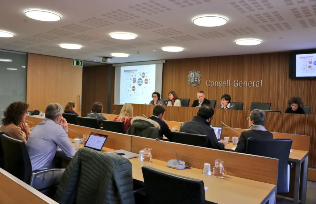 Un moment de la compareixença de les ministres Ester Vilarrubla i Judith Pallarés aquesta tarda al Consell General.