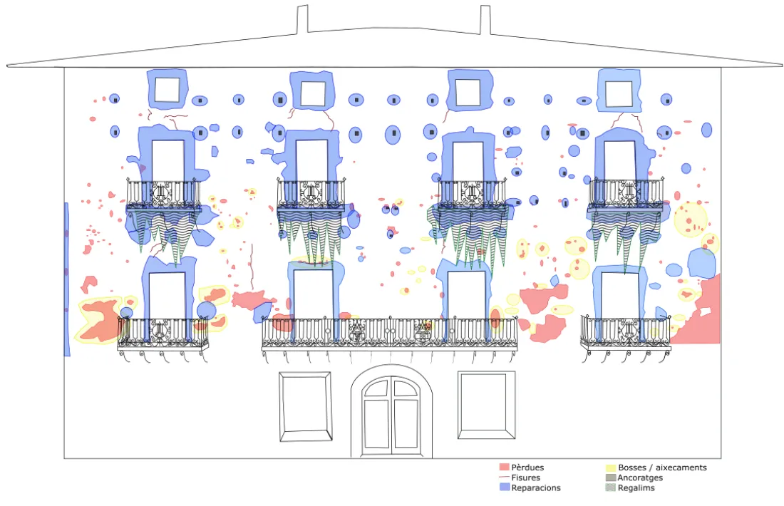 El mapa d’alteracions de la façana amb les patologies detectades pels tècnics de Patrimoni: pèrdues, fissures, bosses, aixecaments i regalims acumulats al llarg de més de dos segles.