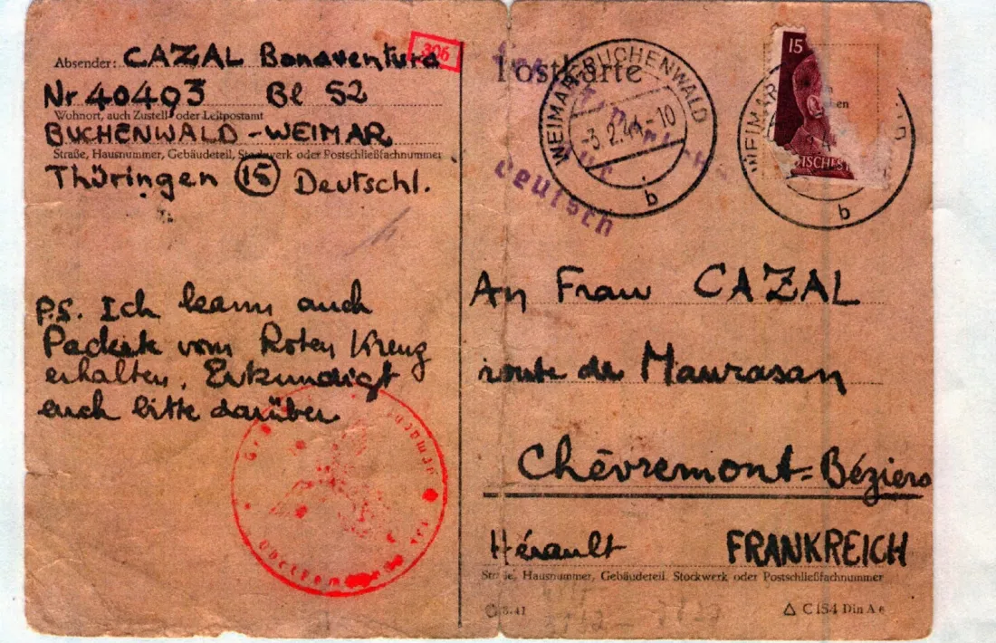 Postal escrita des de Buchenwald per Bonaventura Casal, que va morir el juny del 1945, tot just alliberat del camp.