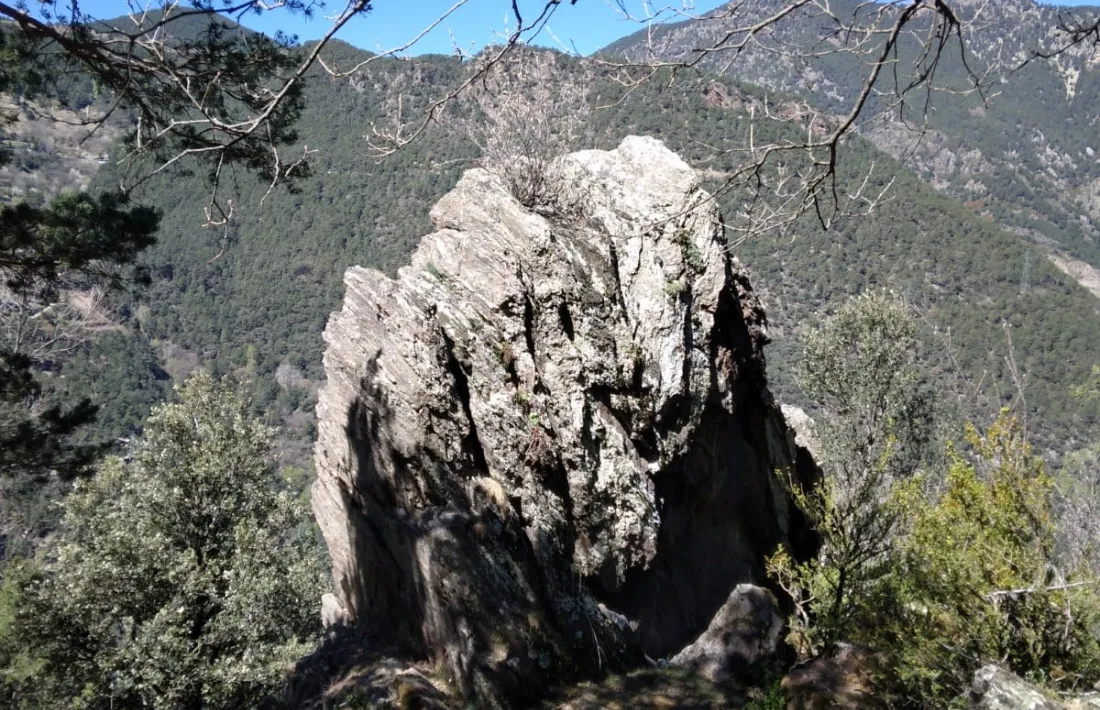 El roc de la Senyoreta, quasi tres metres de pedra que s’aixeca al bosc d’Auvinyà, a l’antic camí de Juverri.