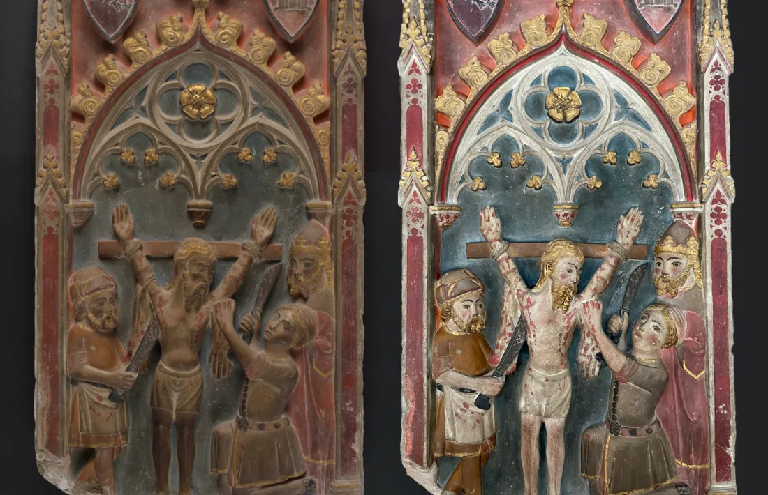 Detall del retaule, on s'adverteix l'abans i després de la intervenció al CRBMC.