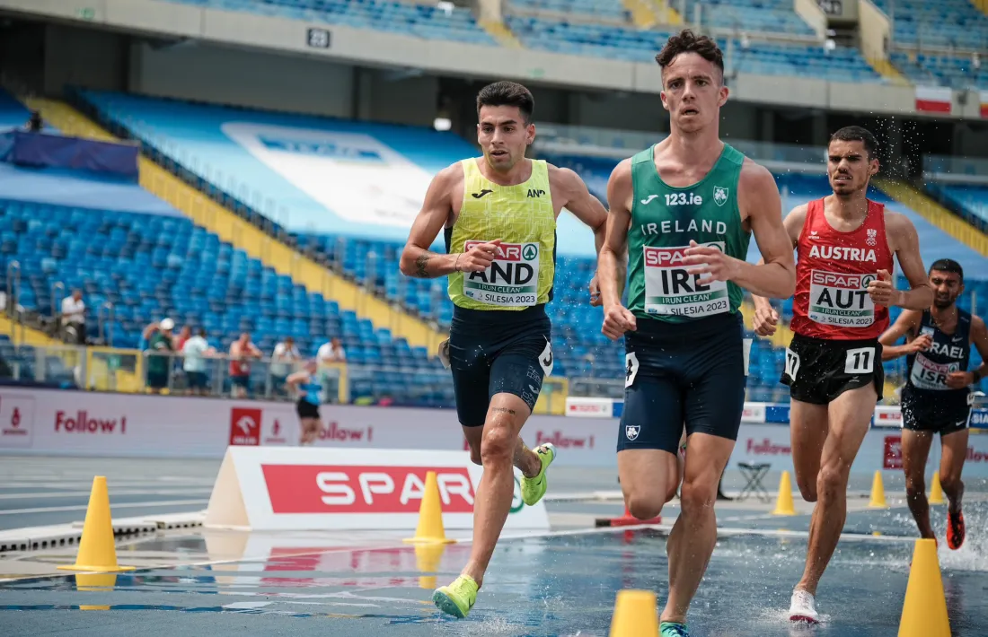 Nahuel Carabaña en la cursa dels 3.000 obstacles d'ahir a Silèsia.