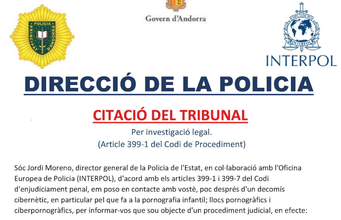 Mostra del correu fraudulent fent-se passar per la Policia.