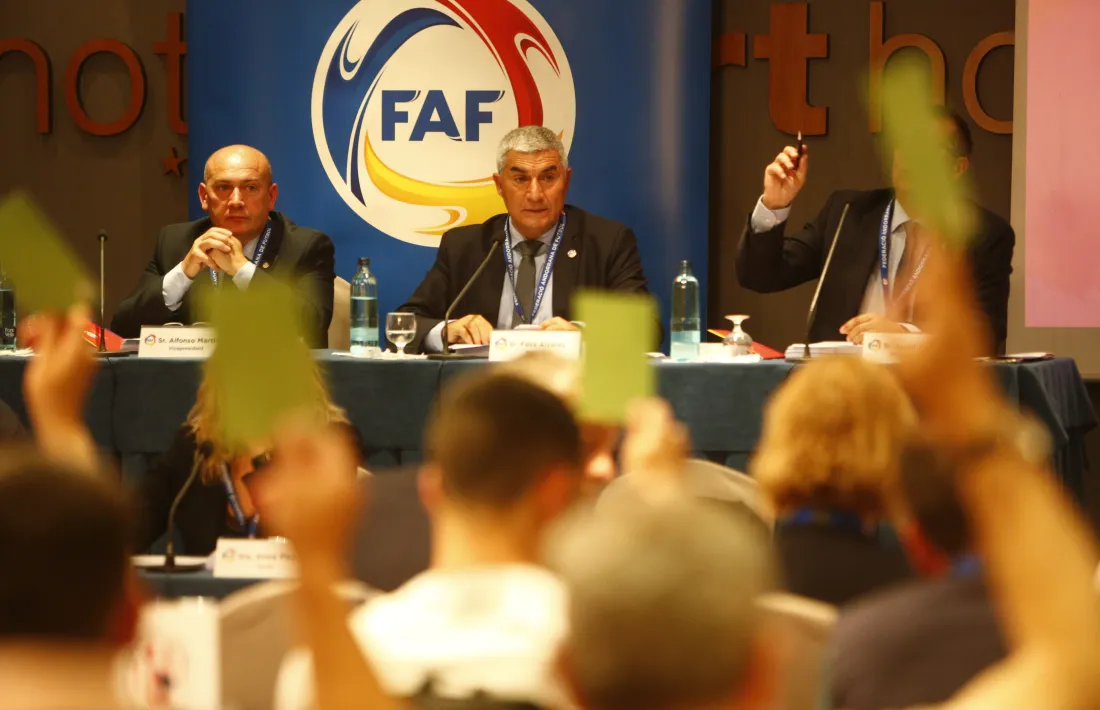 Un moment de l’assemblea general de la Federació Andorrana de Futbol en què es van aprovar els comptes i el nou pressupost.