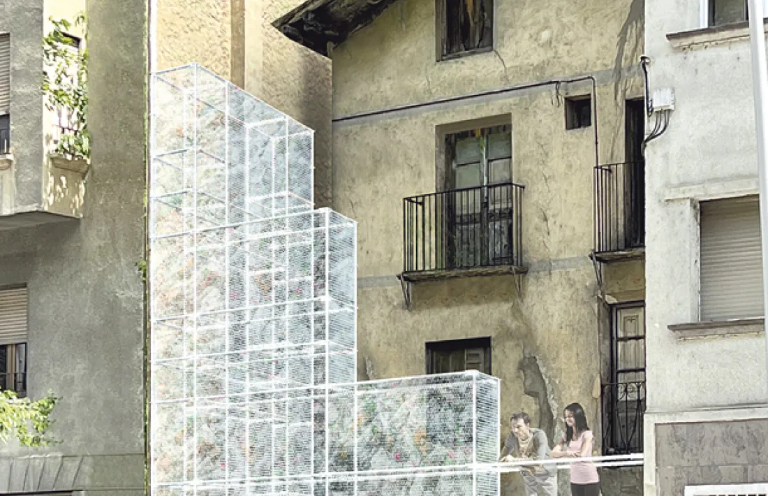 Fotomuntatge de Manresa mostrant l’estructura tubular que s’omplirà d’ampolles.