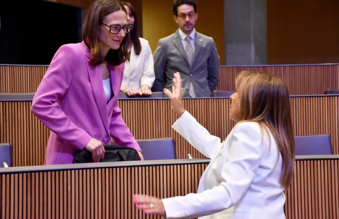 La titular de Justícia i Interior, Ester Molné, amb la ministra de Treball, Conxita Marsol, abans de l’inici de la sessió.