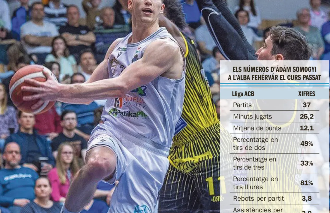 Ádám Somogyi, amb l’Alba Fehérvár, en l’últim partit a la primera hongaresa defensat per Raymond Cowels III i Stefan Pot del Falco.