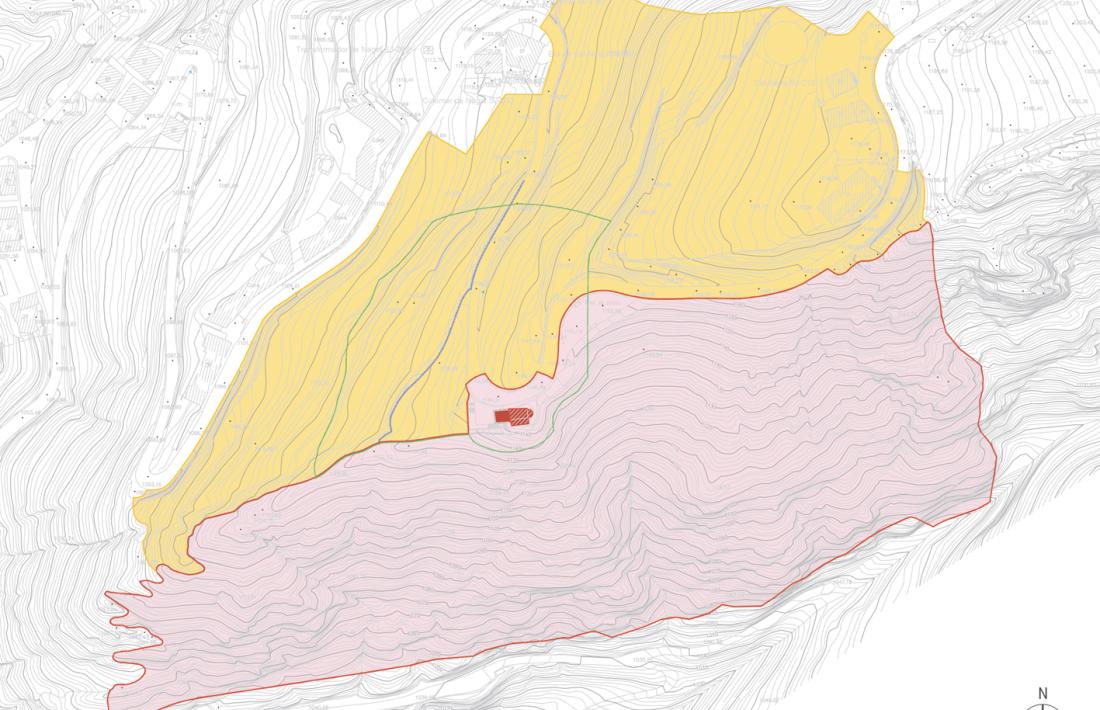 En rosa, la zona d’acompanyament, un perímetre de 20 metres al voltant de Sant Serni. En groc, la zona preventiva, per a la qual Patrimoni estableix uns criteris constructius que serà el Comú qui haurà de decidir si incorpora (o no) al pla d’urbanisme.
