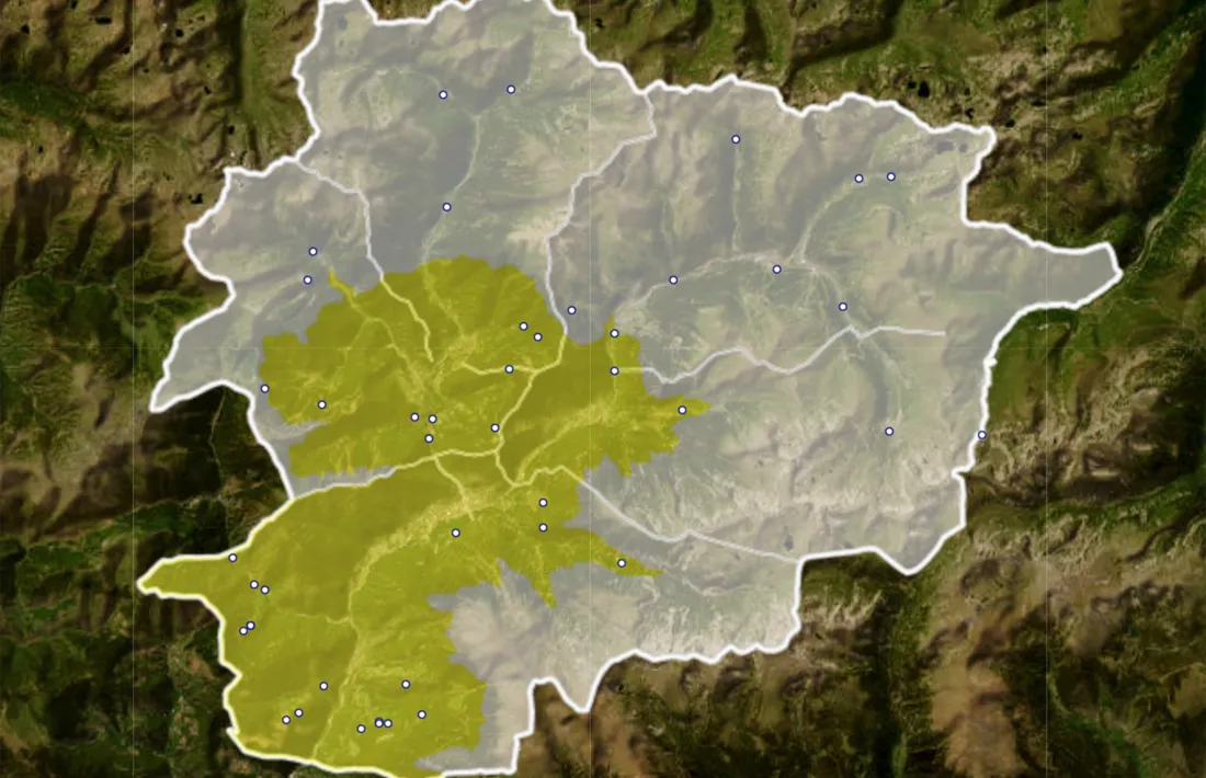 Mapa del Principat que mostra les zones afectades de risc d'incendi nivell 1.