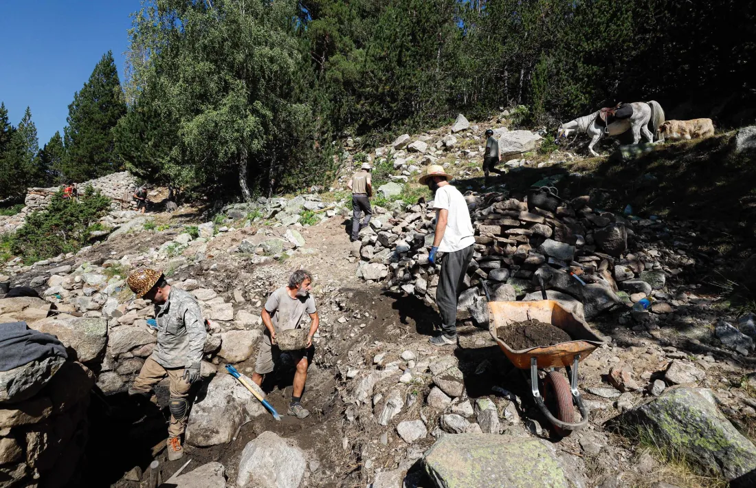 Una vintena de persones feinegen al recinte del jaciment, entre els arqueòlegs i els especialistes en pedra seca.