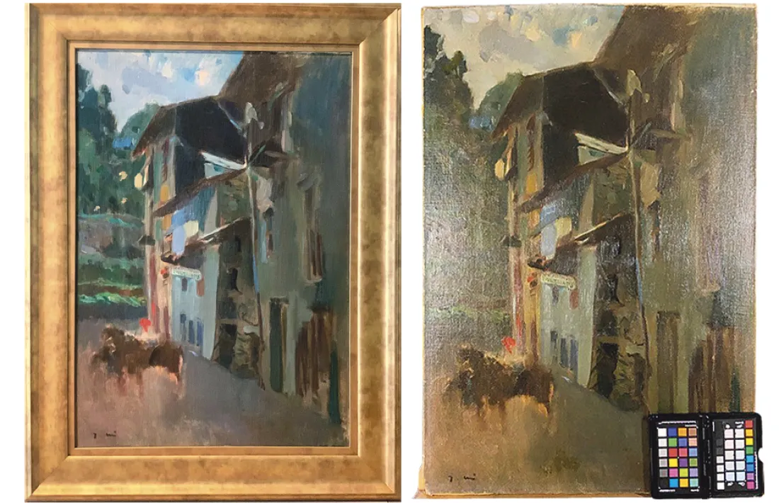 L'oli de Mir, després de passar per les mans de la restauradora Mireia García (esquerra) i tal com el va adquirir el col·leccionista (dreta).