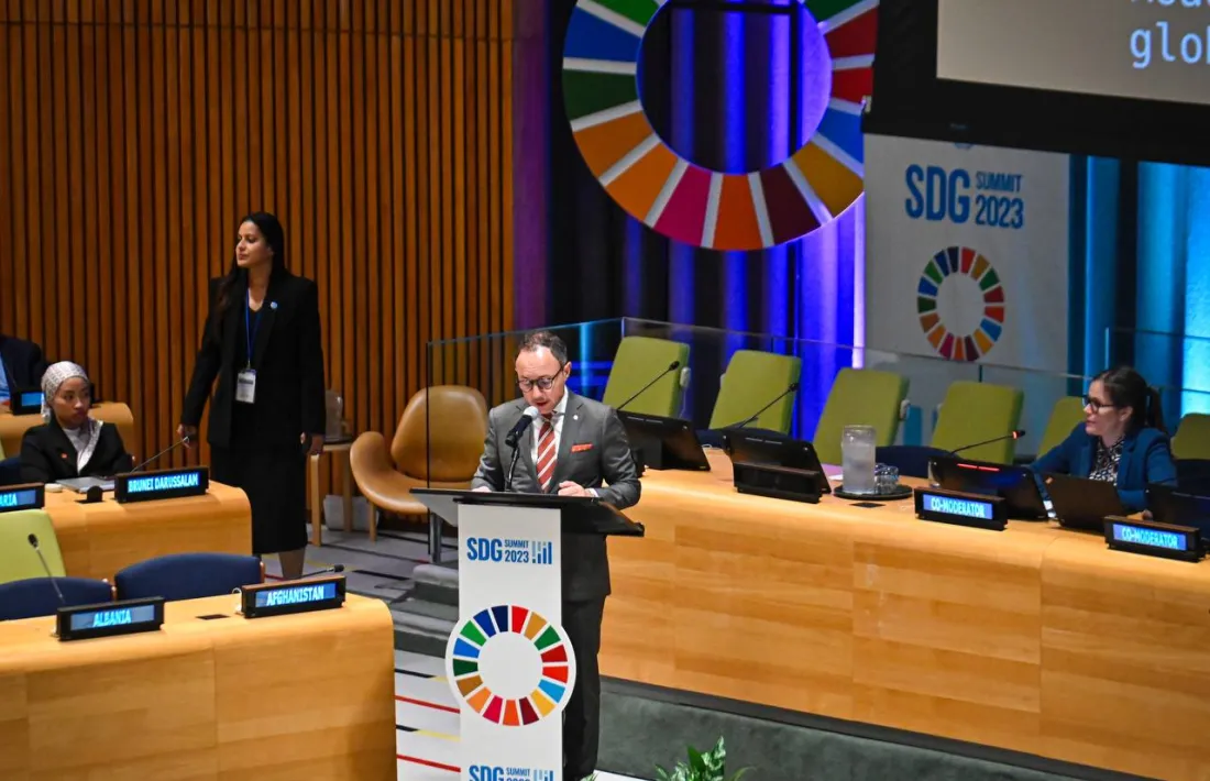 Espot en un moment de la seva intervenció en la Cimera dels ODS.