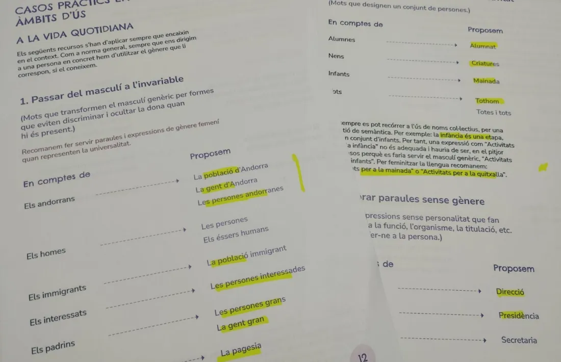 Dues de les pàgines de la ‘Guia pràctica de llenguatge inclusiu i no sexista’ que l’IAD acaba de publicar.