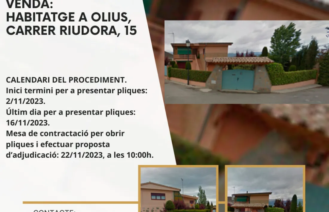 Imatge amb què l’Ajuntament d’Organyà publicita la licitació de la casa, que forma part de l’herència, a Olius, poble del Solsonès.