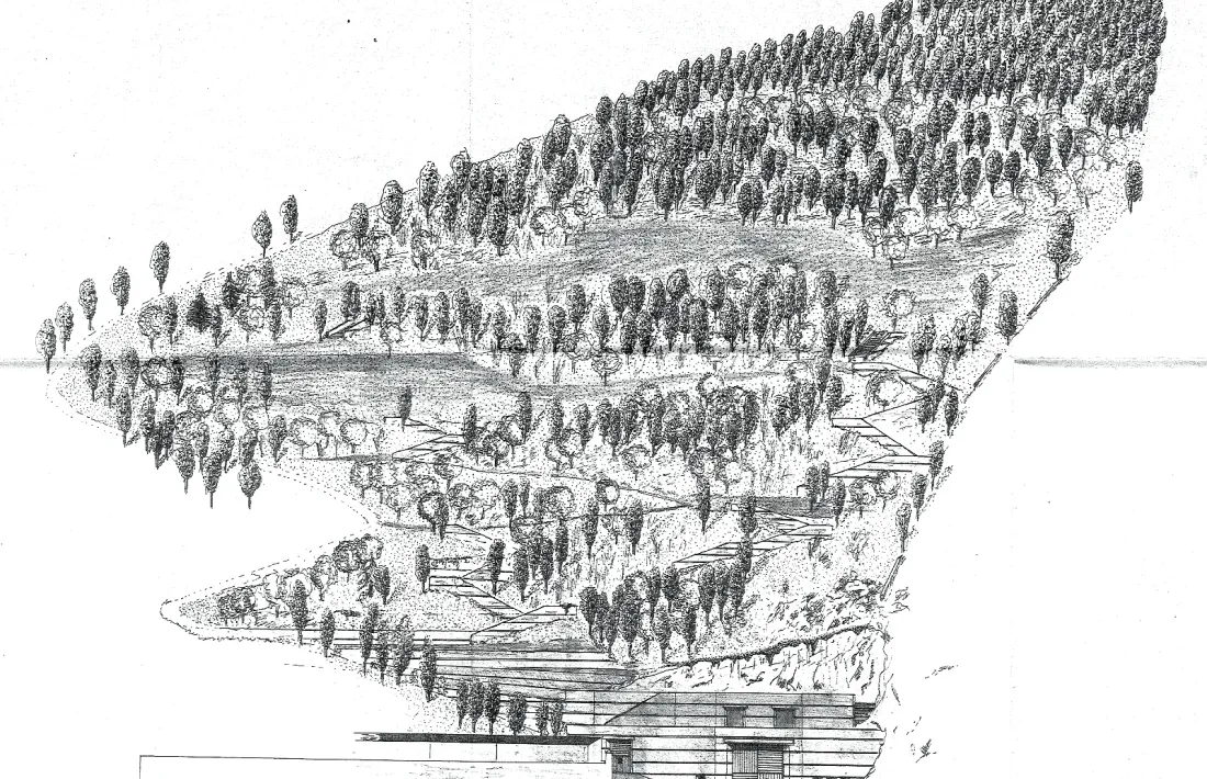 El projecte original, on es percep com l’estructura s’adapta a la pedrera sobre la qual es va construir.