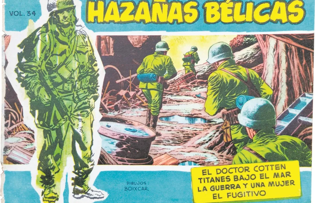 Quadernets de la sèrie blava de ‘Hazañas Bélicas’ que recollien tres aventures de la sèrie i amb què Toray volia rendibilitzar-ne l’èxit. El dibuix interior era de Boixcar, i el marine de portada, de Longarón. A la dreta, dibuix original d’un GI format pel mateix Longarón, que va desfilar pel saló del 2017, amb dedicatòria autògrafa a Joan Pieras.