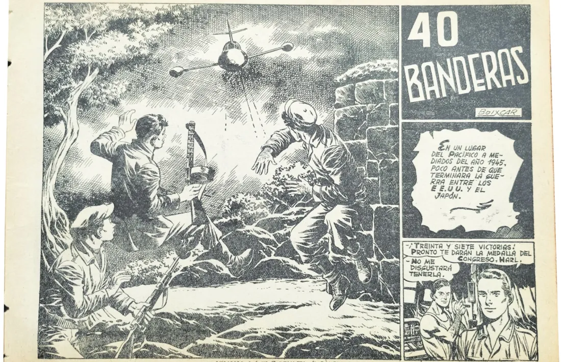 Quadernets de la sèrie blava de ‘Hazañas Bélicas’ que recollien tres aventures de la sèrie i amb què Toray volia rendibilitzar-ne l’èxit. El dibuix interior era de Boixcar, i el marine de portada, de Longarón. A la dreta, dibuix original d’un GI format pel mateix Longarón, que va desfilar pel saló del 2017, amb dedicatòria autògrafa a Joan Pieras.