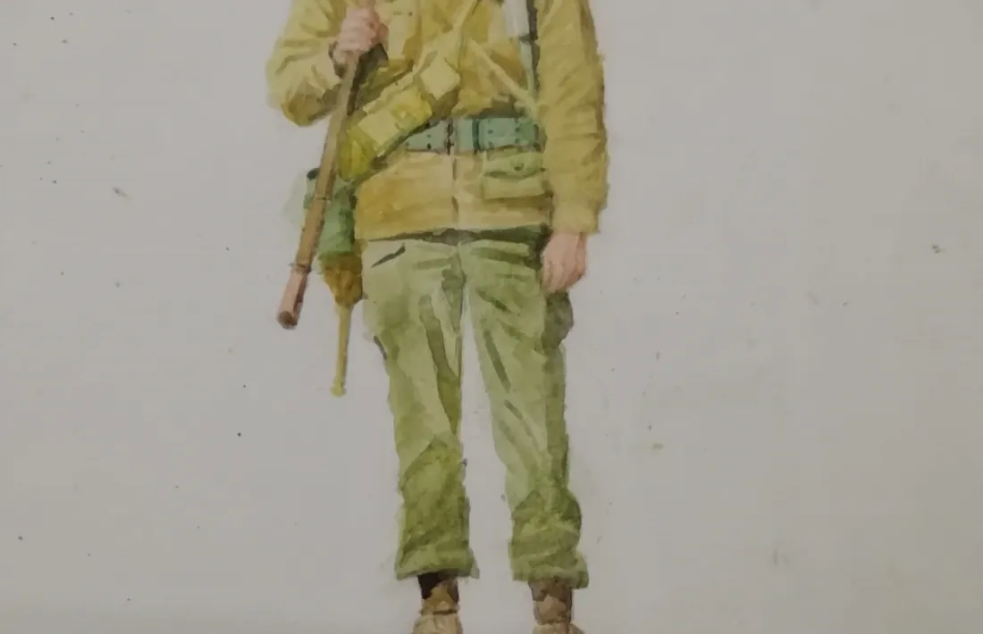 A dalt, quadernets de la sèrie blava de ‘Hazañas Bélicas’ que recollien tres aventures de la sèrie i amb què Toray volia rendibilitzar-ne l’èxit. El dibuix interior era de Boixcar, i el marine de portada, de Longarón. A la dreta, dibuix original d’un GI format pel mateix Longarón, que va desfilar pel saló del 2017, amb dedicatòria autògrafa a Joan Pieras.