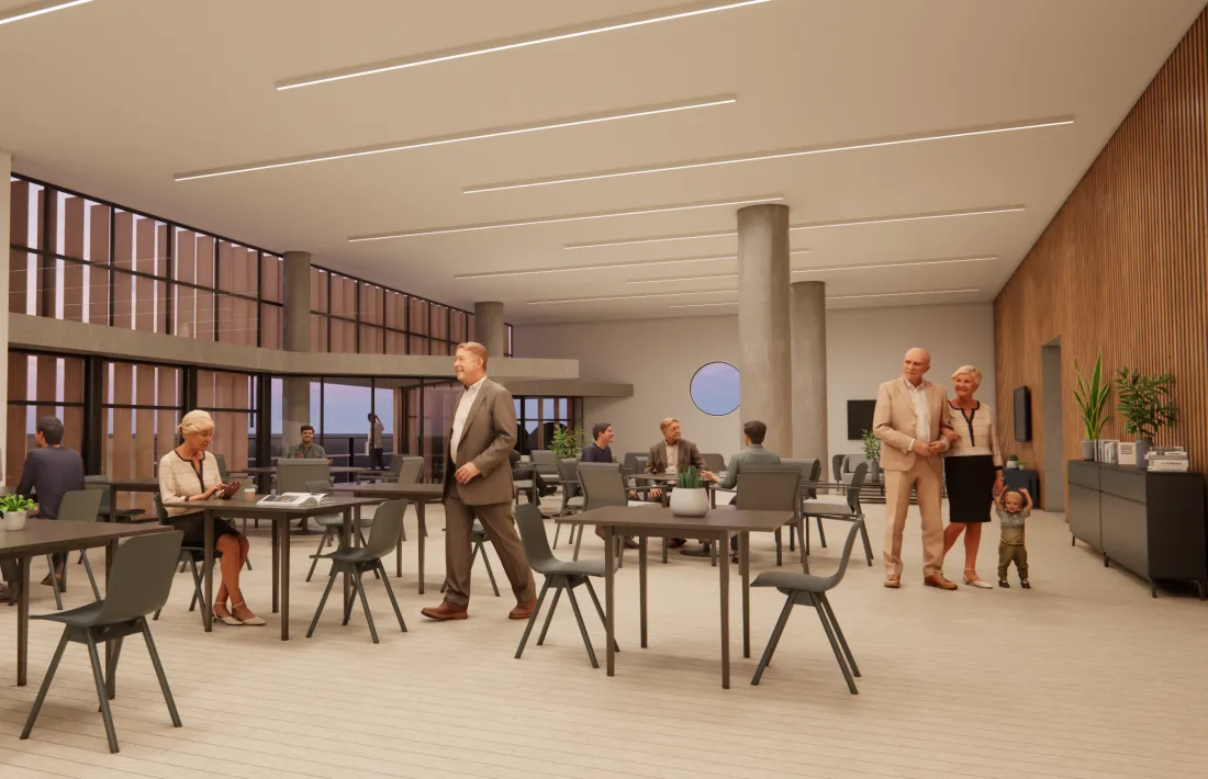 Projecció digital d'un dels nous espais interiors de l'edifici per a la gent gran.